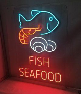 неонова вивіска для морепродуктів, LED вивіска Fish Seafood, рекламна вивіска для ресторану морепродуктів, світлодіодна вивіска Fish Seafood, вивіска для суші бару