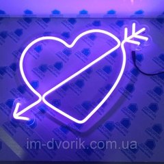 Неонова вивіска Led Серце зі стрілою фіолетова 38х26 см з блоком живлення