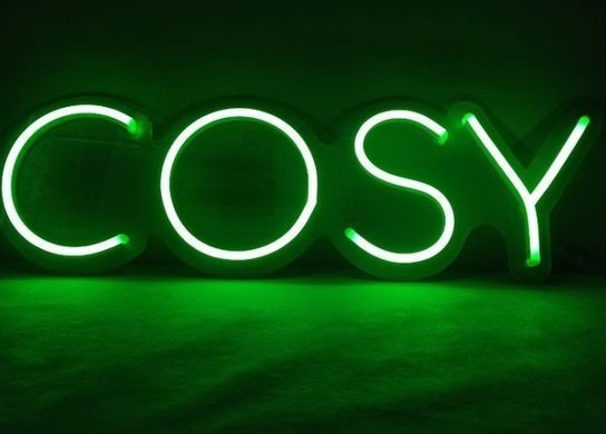 Зелена LED неонова вивіска Cosy на акрилі