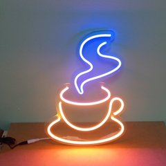 Вивіска Горнятко кави неонова led neon жовто - блакитна 400х330мм із блоком живлення та пультом