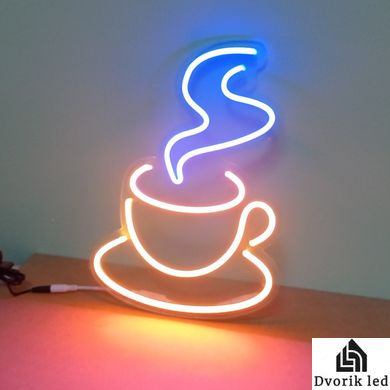 Вивіска Горнятко кави неонова led neon жовто - блакитна 400х330мм із блоком живлення та пультом
