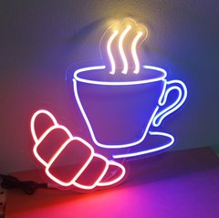Вывеска Чашка кофе с круасаном неоновая led neon 400х395 мм с блоком питания и пультом