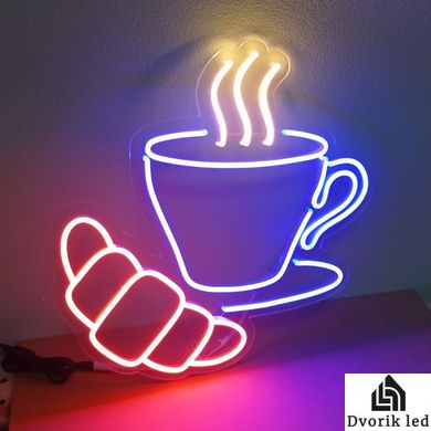 Вивіска Горнятко кави з круасаном неонова led neon 400х395 мм з блоком живлення та пультом