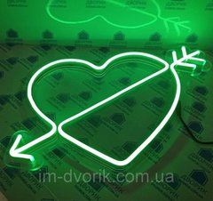 Неонова вивіска Led Серце зі стрілою Зелена 38х26 см з блоком живлення